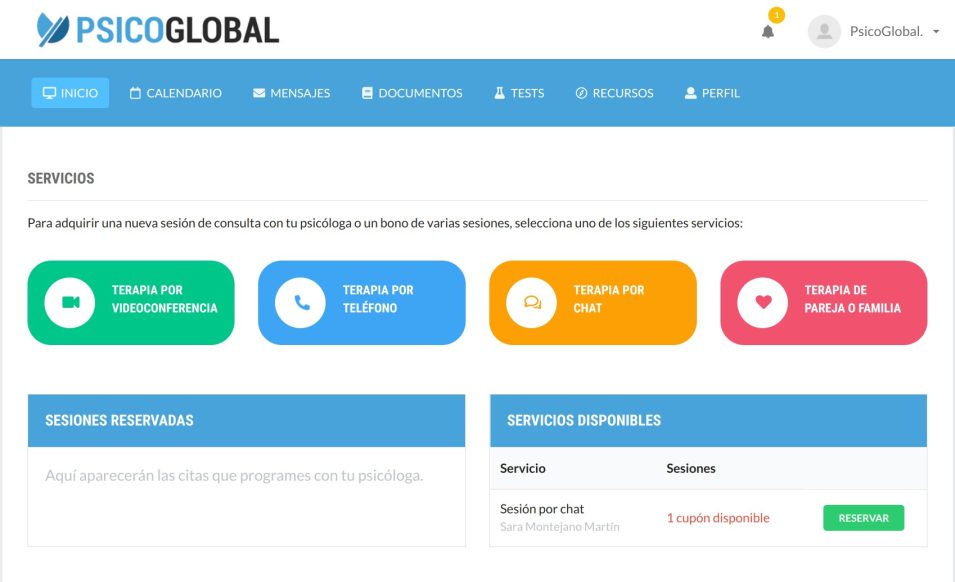 Área privada de paciente de PsicoGlobal