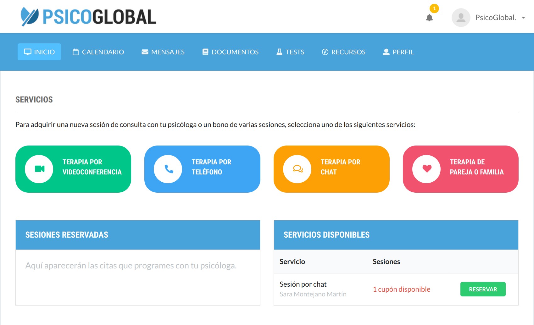 Área privada de paciente de PsicoGlobal