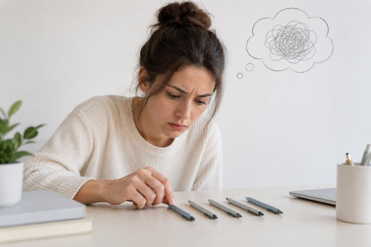 Mujer ordenando bolígrafos, ejemplo de una posible compulsión del TOC