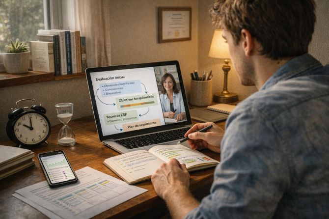 Método de terapia psicológica online para el TOC con evaluación personalizada, objetivos terapéuticos y seguimiento continuo mediante sesiones virtuales.