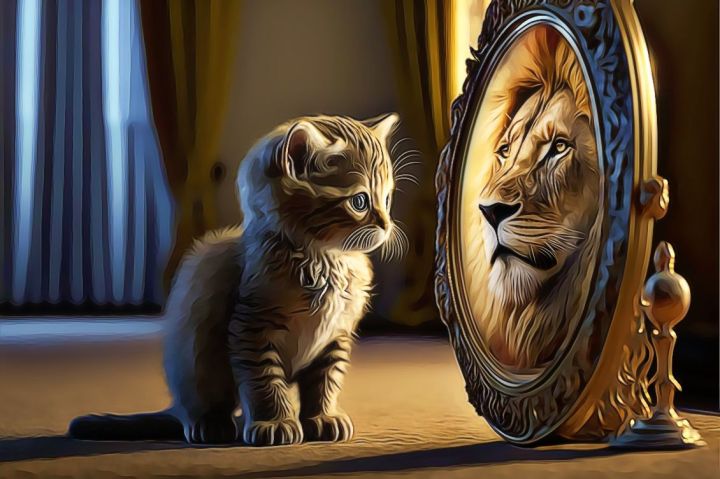 gato mira espejo reflejo leon
